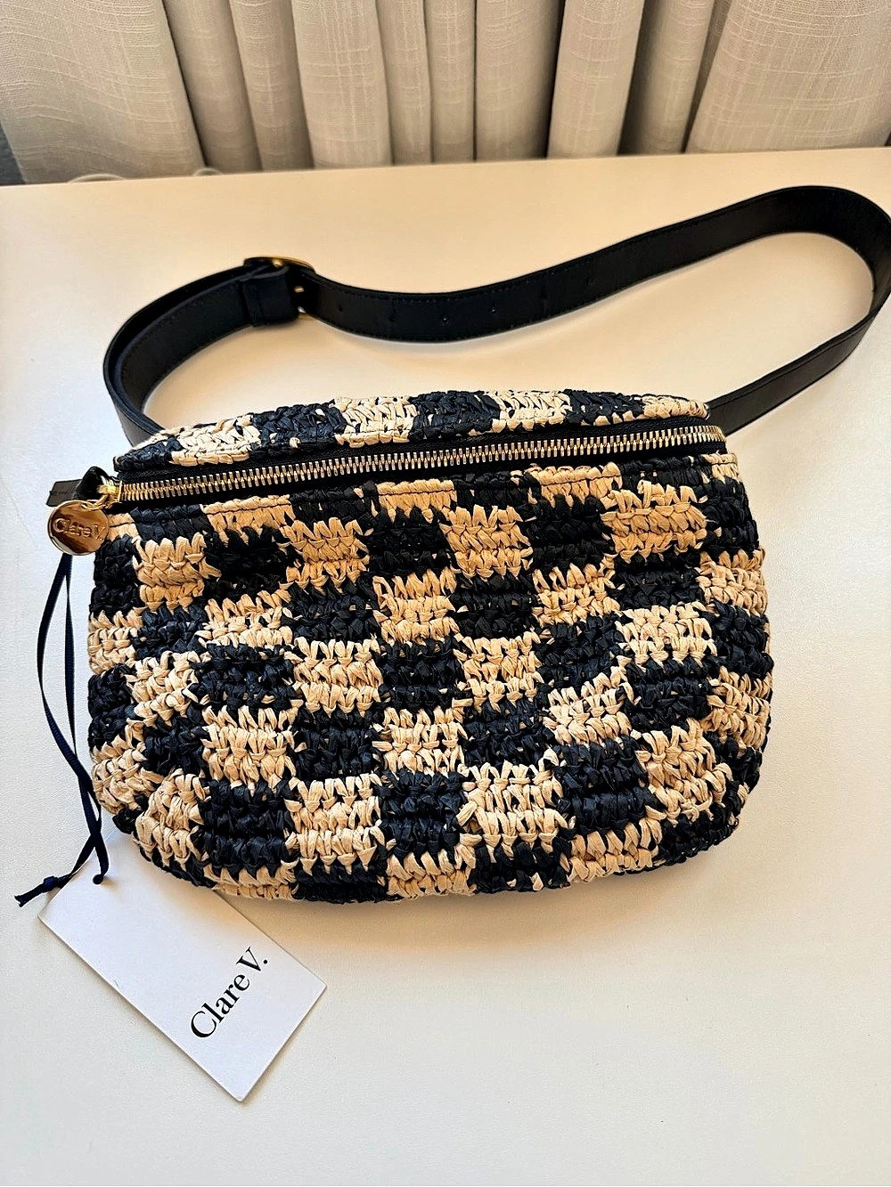 Clare V. Grande Fanny in Black & Cream Woven Checker. Grande Fanny Black & Cream